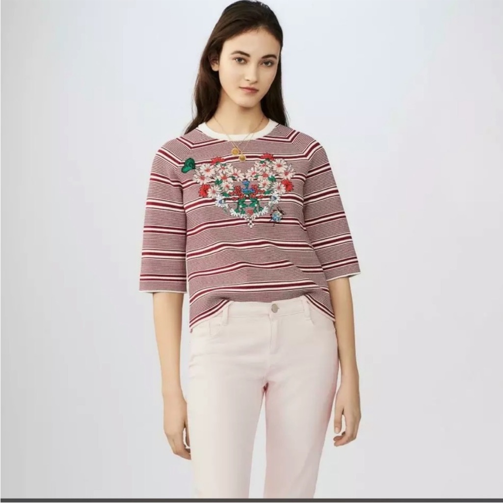 Maje Marco Floral Embroidered Heart Striped Crewneck Sweater Size 3 (Large)